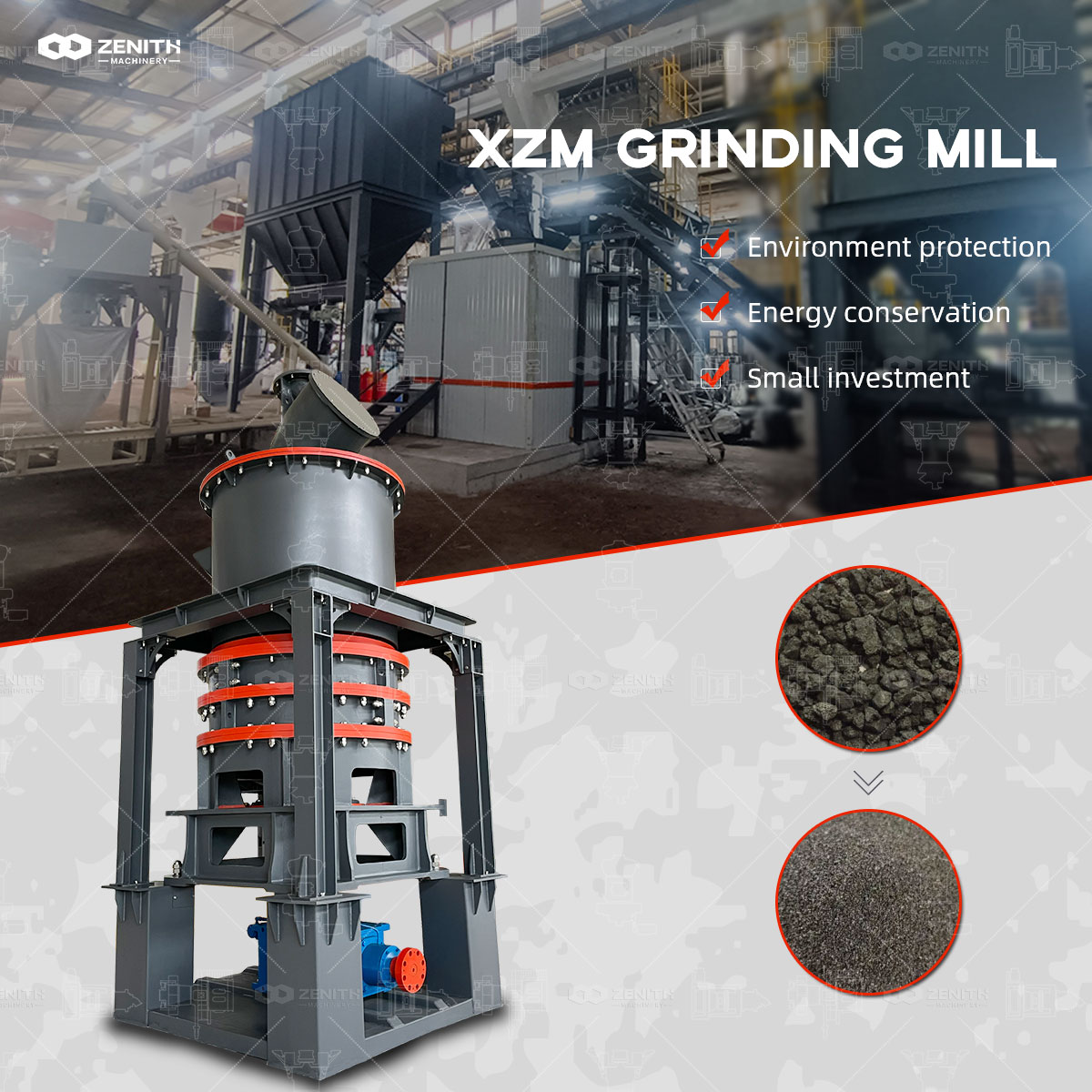 Close-up of ring roller mill grinding mechanism in operation